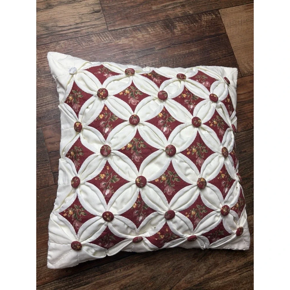 Cathedral Window Quilt Pillow Cottagecore Ruffled Country Farmhouse 13x13